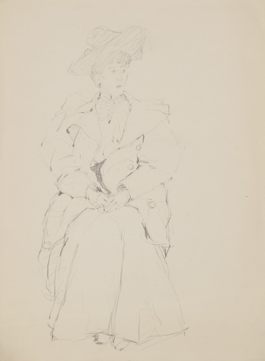 Seated Woman Wearing a Large Hat and Coat with Leg O' Mutton Sleeves