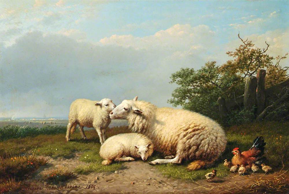 Sheep, Hen and Chicks in a Landscape