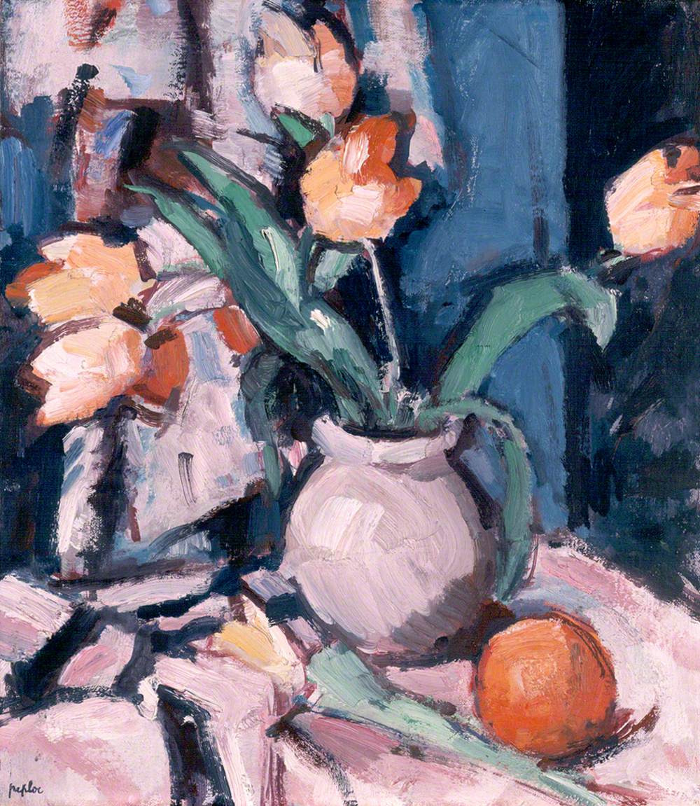 Tulips in a Brown Jar