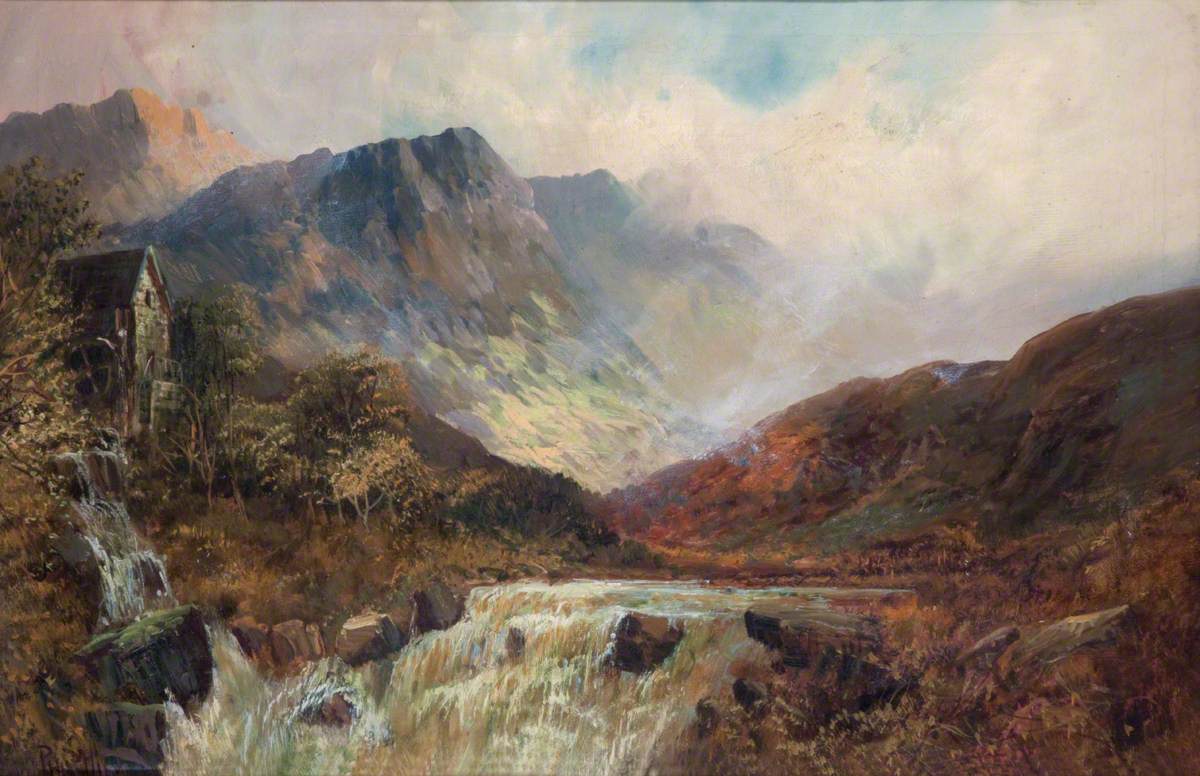 Mountains, Mill and Waterfall