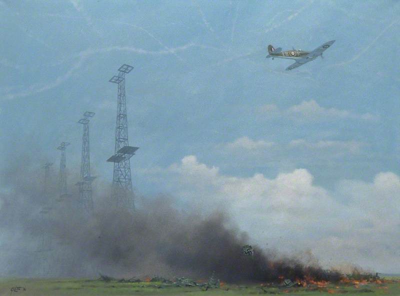 Spitfire over Chain Home Radar Masts and Crashed German Aircraft