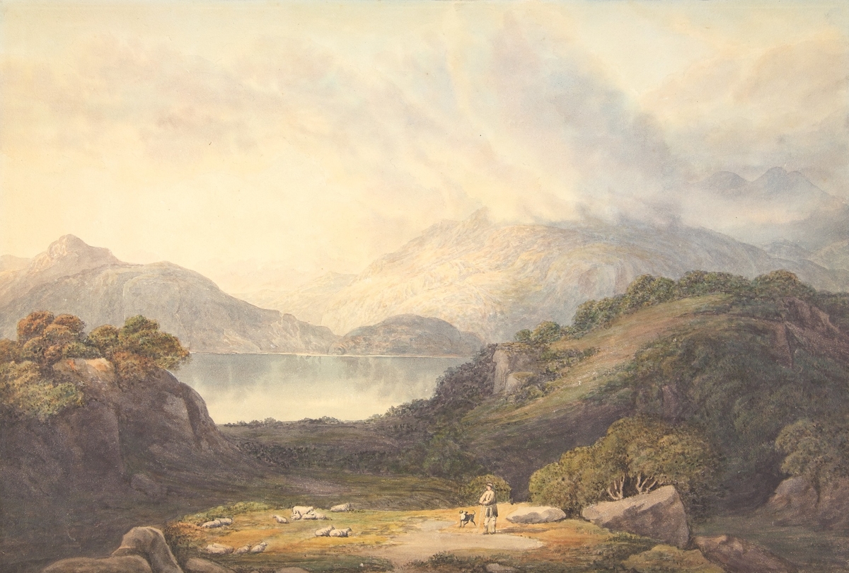 A Mountainous Lake Landscape, with Shepherd and Sheep in the Foreground