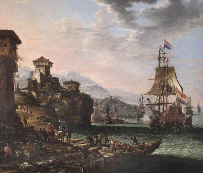 Italian Port Scene with Vessels Saluting