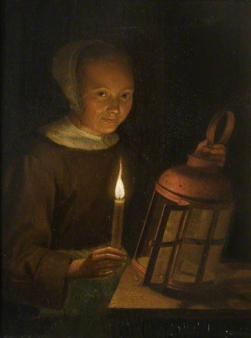 Woman Lighting a Lantern