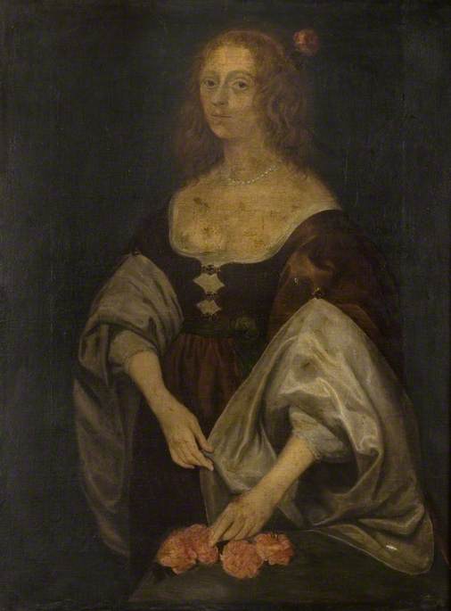 Lady with Ringletted Hair in a Red Dress and a Pearl Necklace