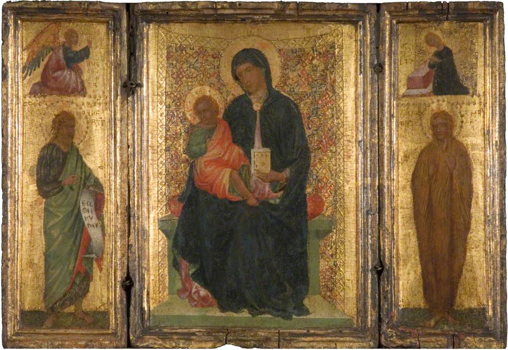 Madonna and Child Enthroned (centre panel), Saint John the Baptist (left wing), with the Angel of the Annunciation (above), Saint Mary Magdalene (right), with (above) the Madonna Annunciate