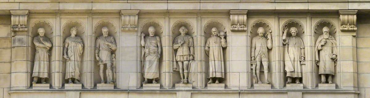 Architectural carvings of Beethoven, Virgil, Michelangelo, Plato, Shakespeare, Newton, Watt, Faraday and Darwin