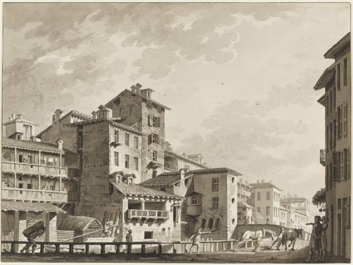 A view in Milan: Bridge of Porta Marenco along the Naviglio Grande coming from the Ponte de' Fabbri