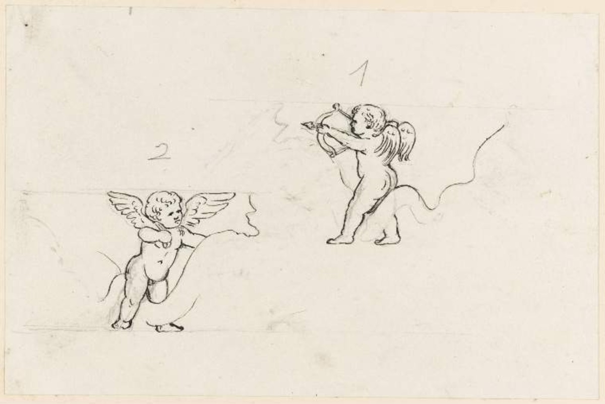 Designs for border decoration: Amorini with a sling[?], amorino shooting a bow