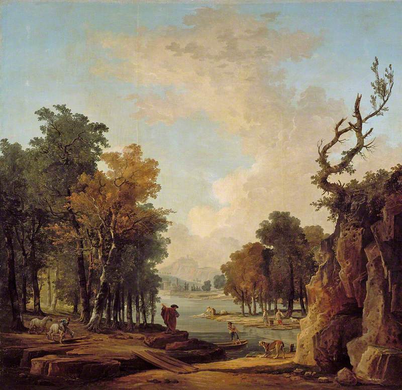 Wooded River Landscape with a Traveller, a Barking Dog, a Horseman, and Women Washing at an Islet