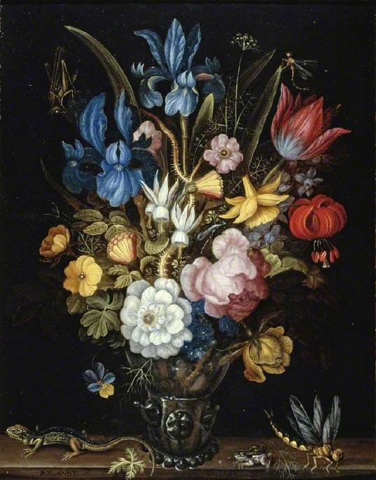 Still Life with Flowers in a Glass Berkemeyer with a Lizard, Frog and Dragonfly on a Ledge