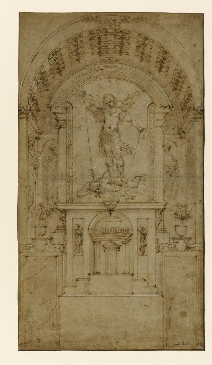 St. Michael defeating the devil in an elaborate (elbarote sic.) frame in front of an attic