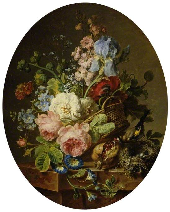 Open wicker basket of mixed flowers, including iris, roses, poppies, hollyhock, marigold, larkspur and convolvulus on a marble ledge with an open pomegranate and a goldfinch with its nest