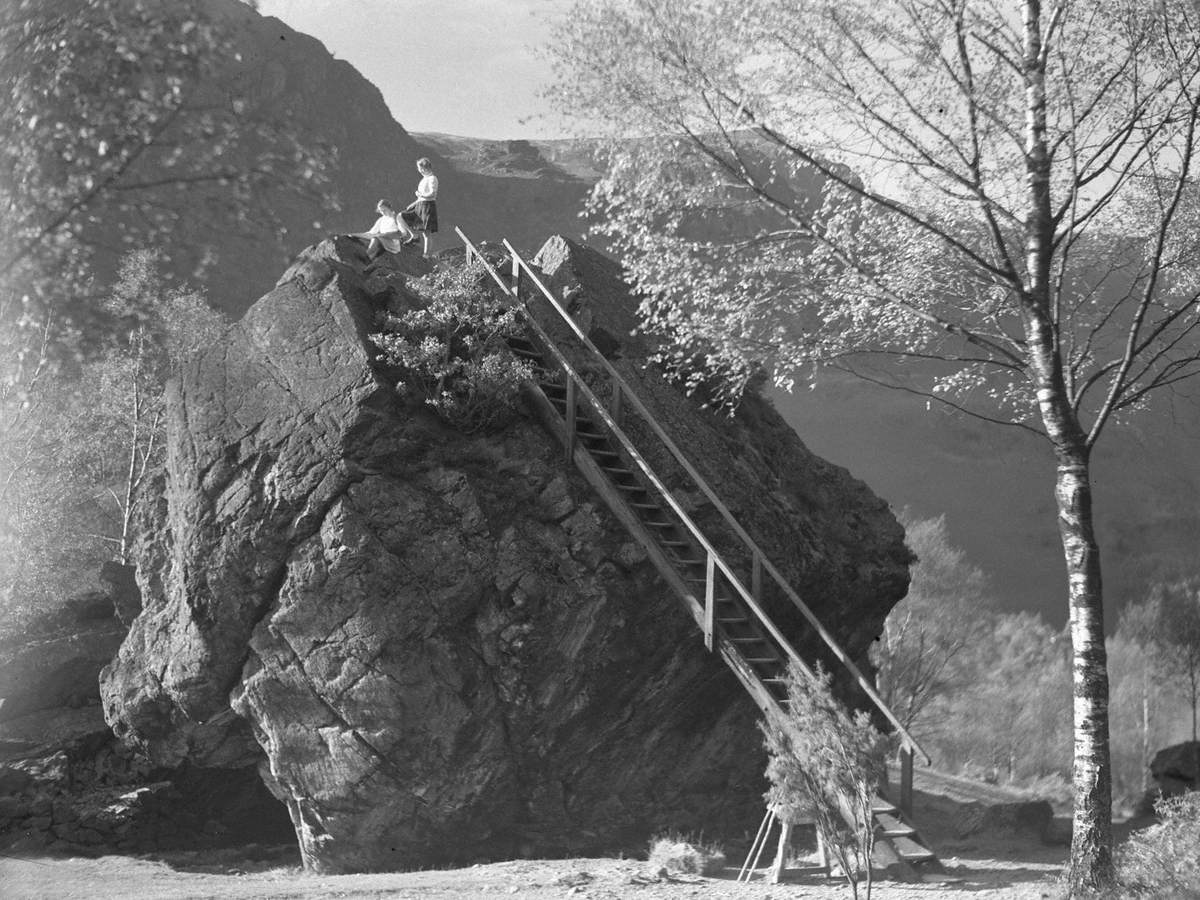 Evacuees on the Bowder Stone, Borrowdale, November 1940