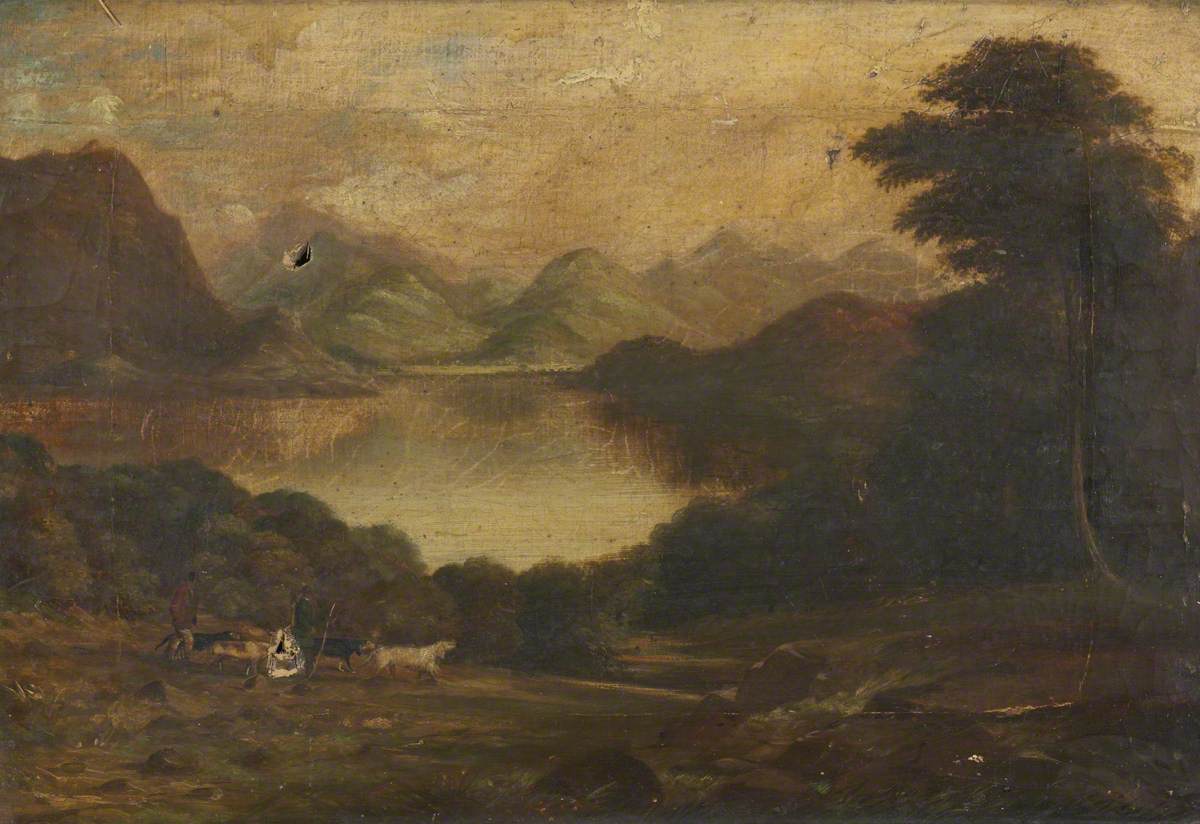 Lakeland Scene with Men and Dogs in Foreground