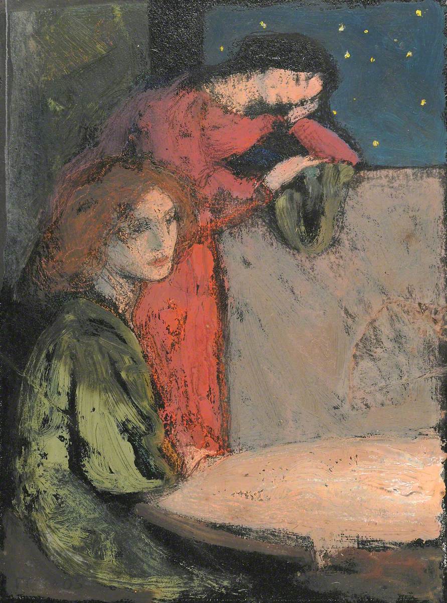 Two Girls by a Table Look out on a Starry Night