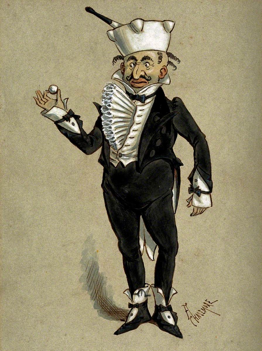 A Theatrical Figure in a Tuxedo Supporting a Pestle and Mortar as a Hat and Holding a Large Pill