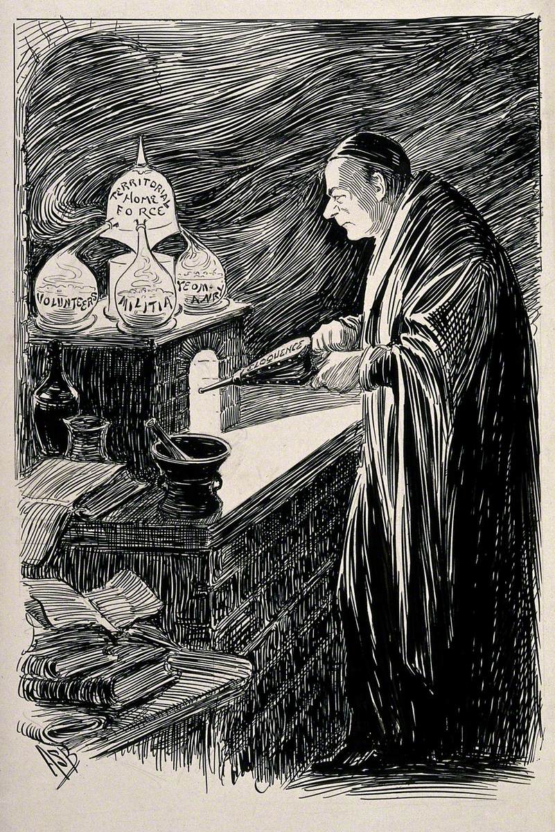 Richard Burdon Haldane as an alchemist using bellows, representing his eloquence, to distil a new military unit from three older units