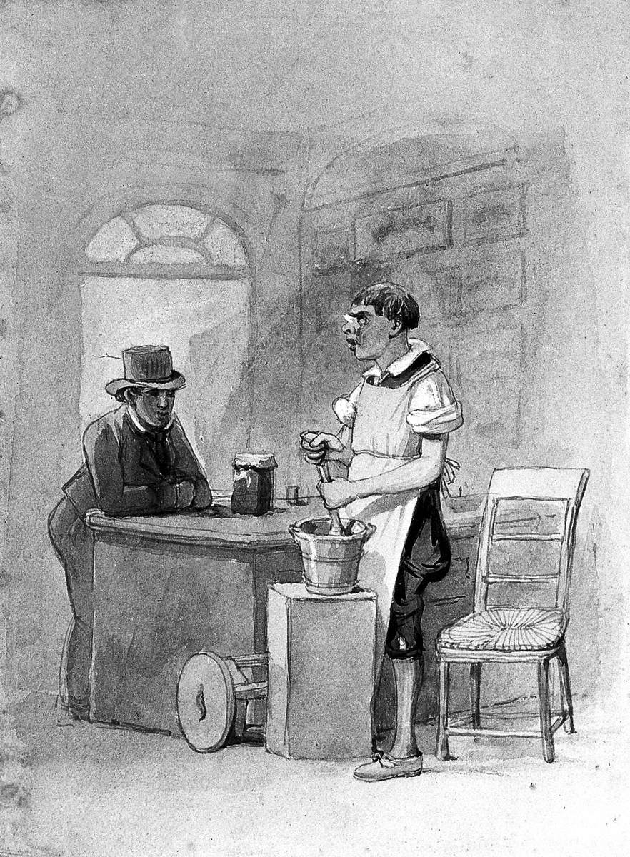 An Apothecary's Apprentice in a Shop Mixing Up a Prescription in a Pestle and Mortar for a Customer