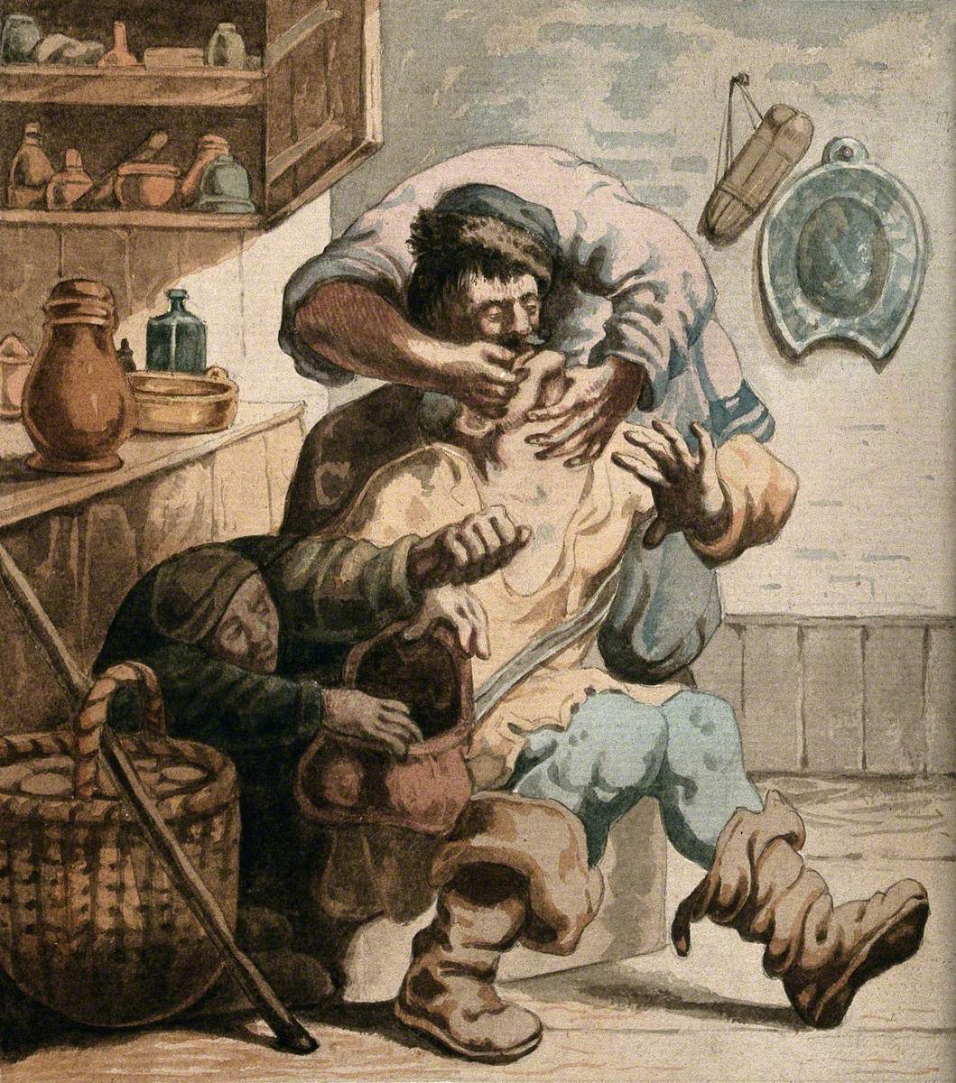 A Tooth-Drawer Extracting a Tooth from a Seated Patient Whilst a Woman Steals from His Bag