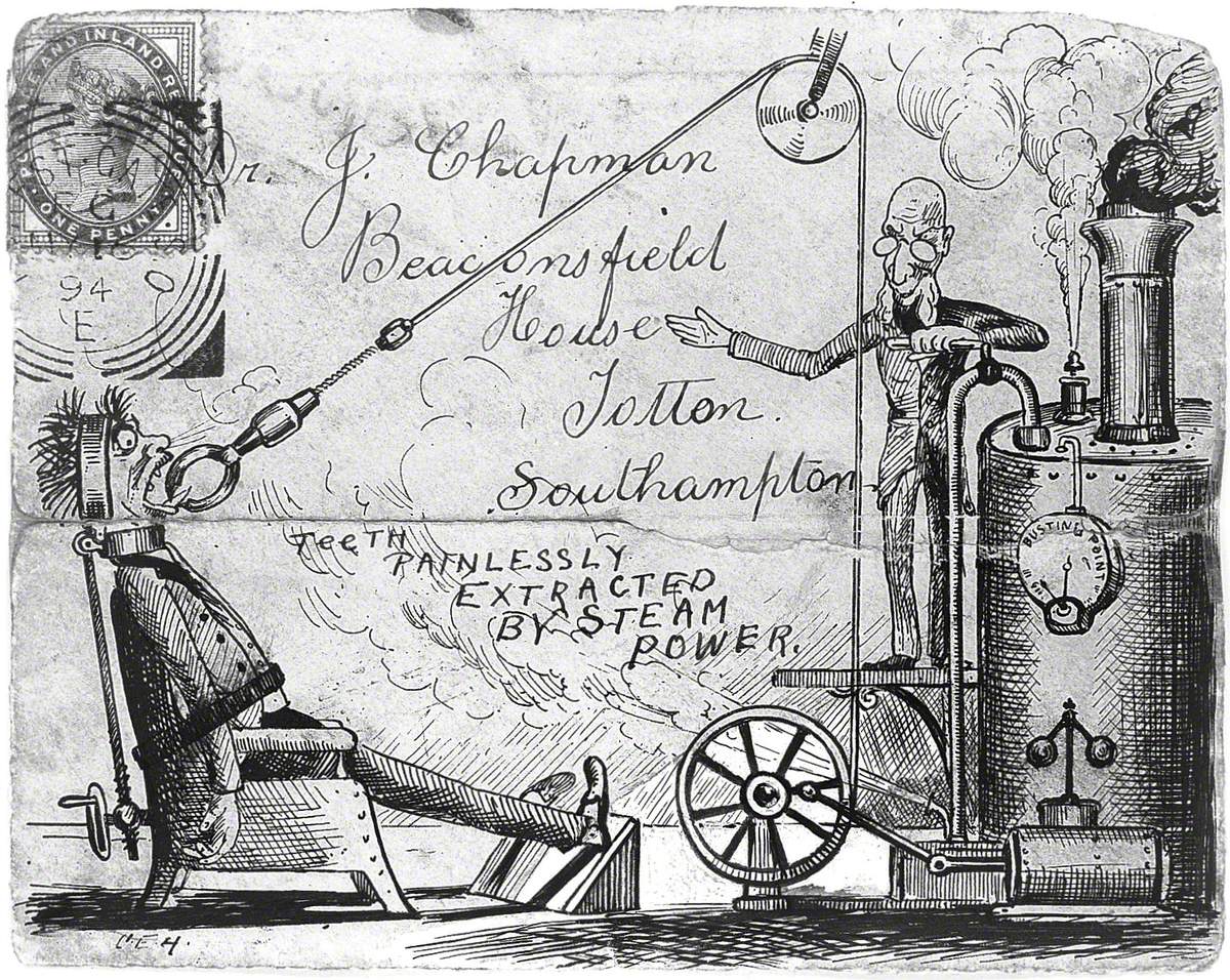 A Scientist Using a Steam Machine with Pulley to Extract a Tooth from a Man