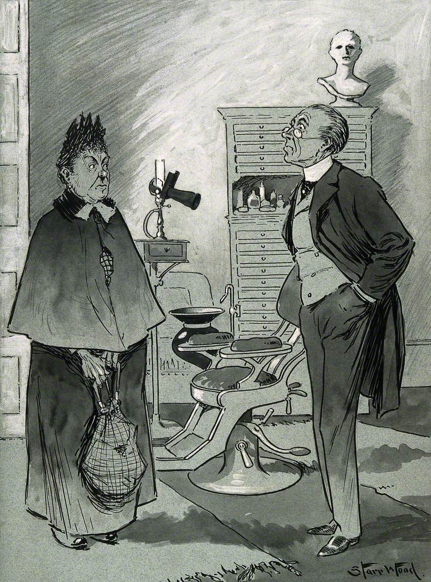 A Nervous Elderly Lady in a Dental Surgery Clutching Her Bag and Looking Suspiciously at the Dentist