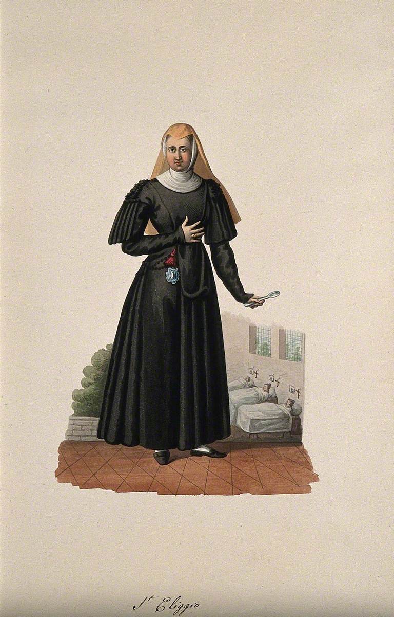 A Nun Holding a Medicine Spoon with Her Hospital behind Her