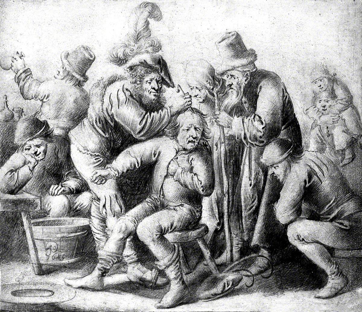 An Itinerant Surgeon Extracting Stones from a Man's Head; Symbolising the Expulsion of 'Folly' (Insanity), They Are Surrounded by a Group of People