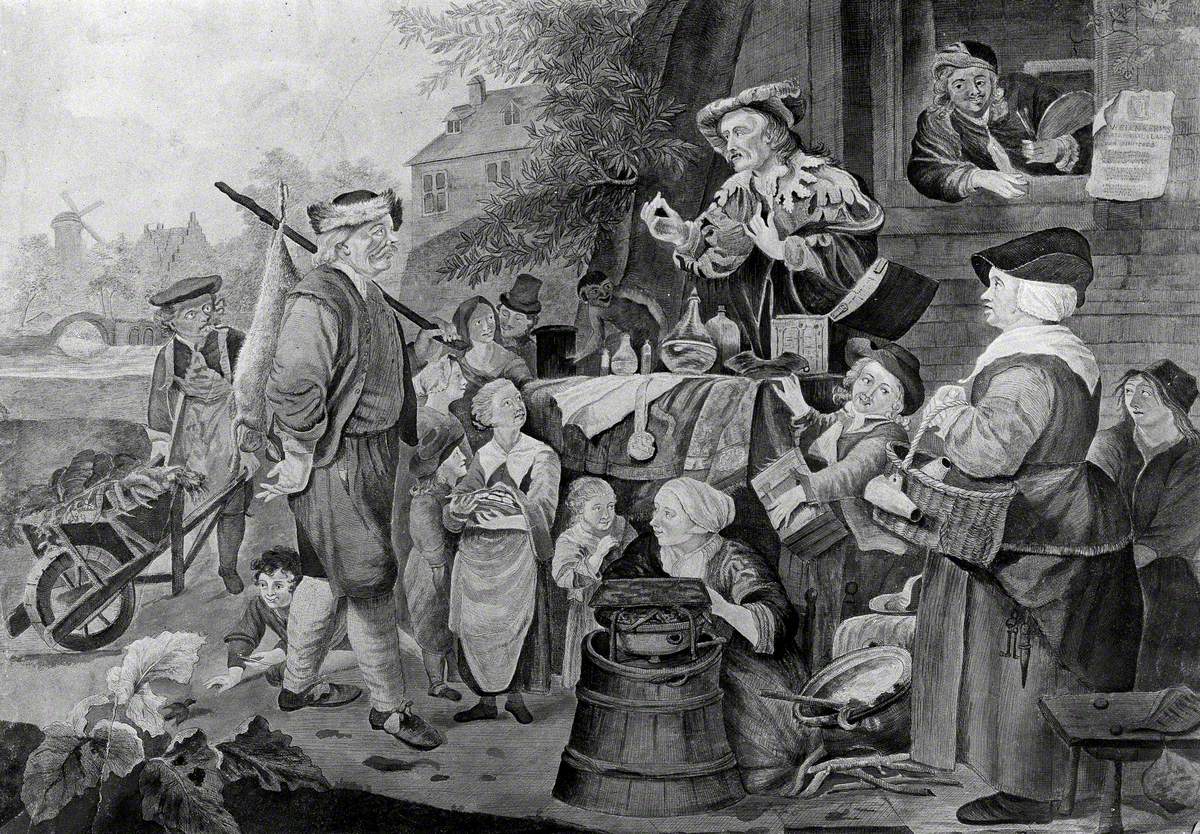 An Itinerant Medicine Vendor Selling His Wares in a Village Square with the Assistance of a Monkey