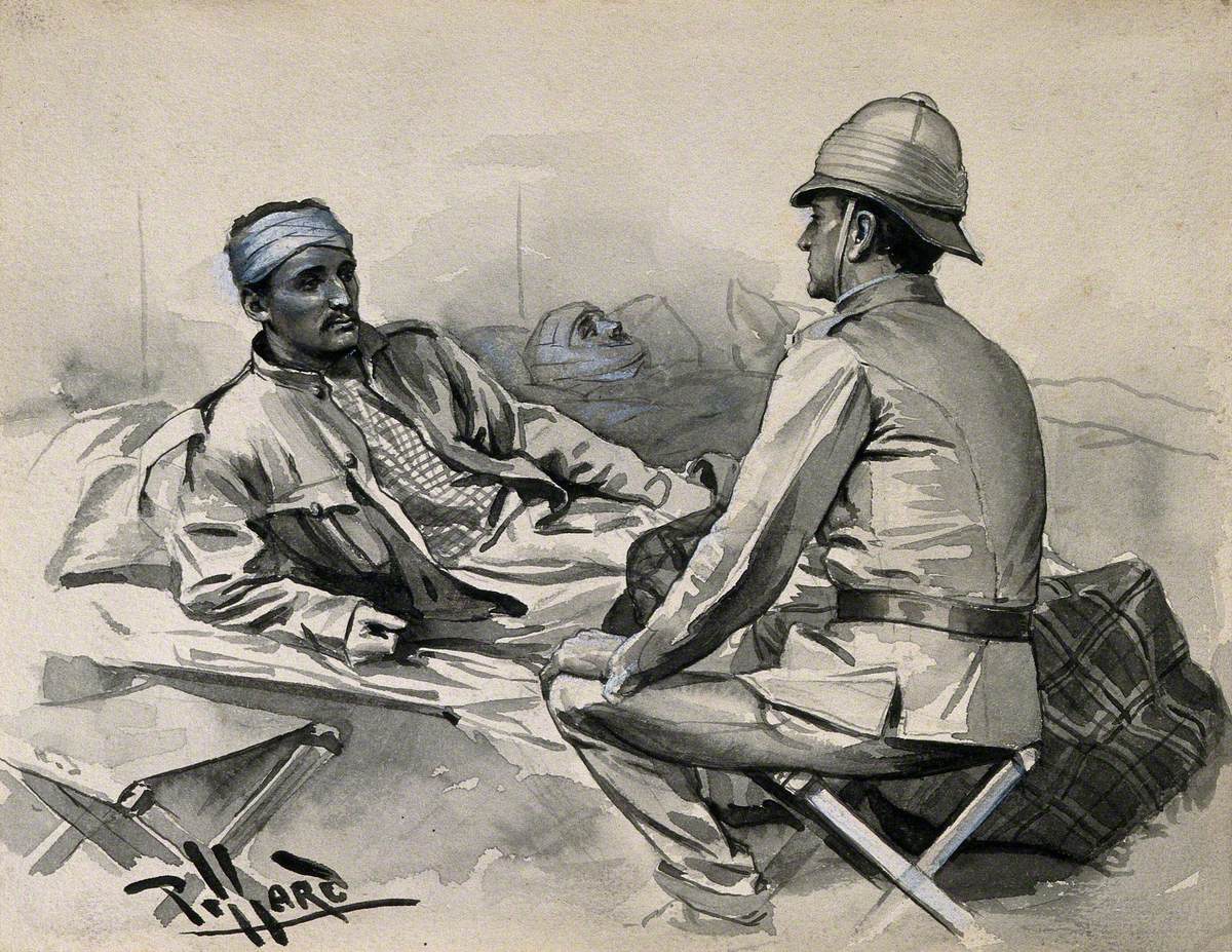 Boer War: A Wounded Man Addresses a Superior Officer Seated at His Bedside