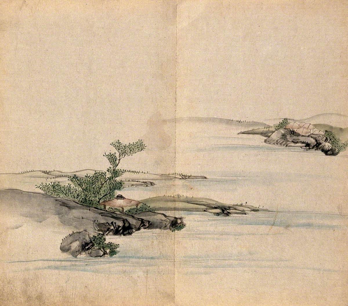 Japanese Huts and Trees on Two Outcrops of Rock Either Side of a Channel of Water