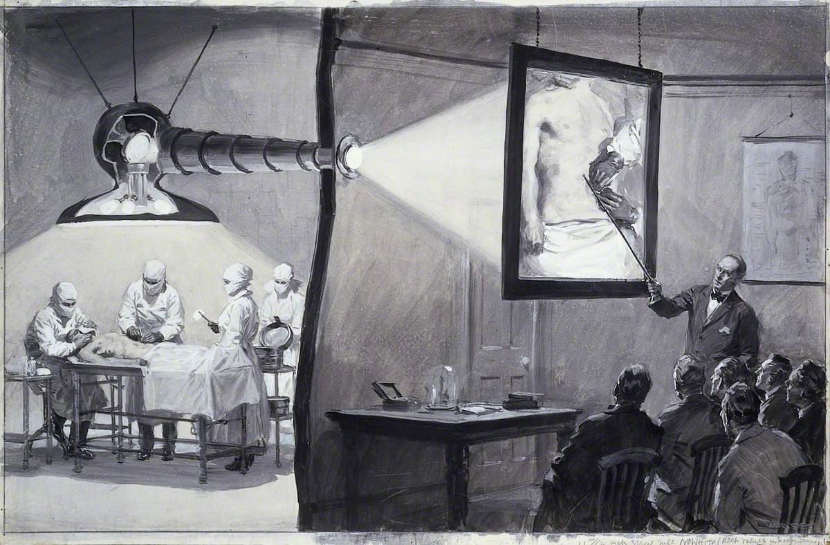 A Periscope Being Used above an Operation Which Is Projected onto a Lantern Screen for a Lecture in the Adjoining Room