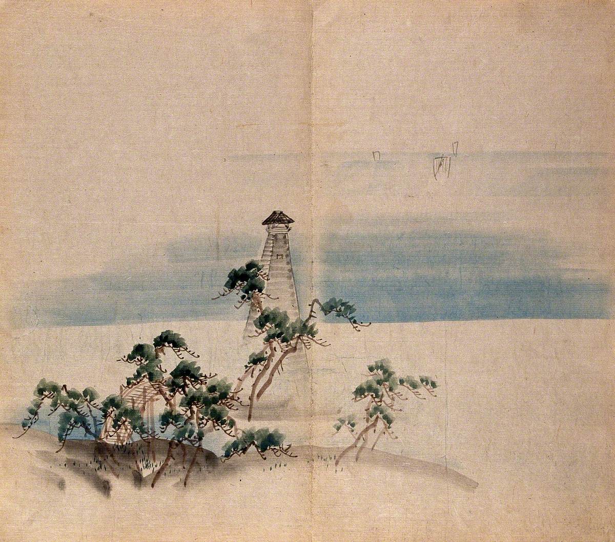A View Out to Sea from On Shore, with Trees and a Tall Wooden Tower in the Foreground