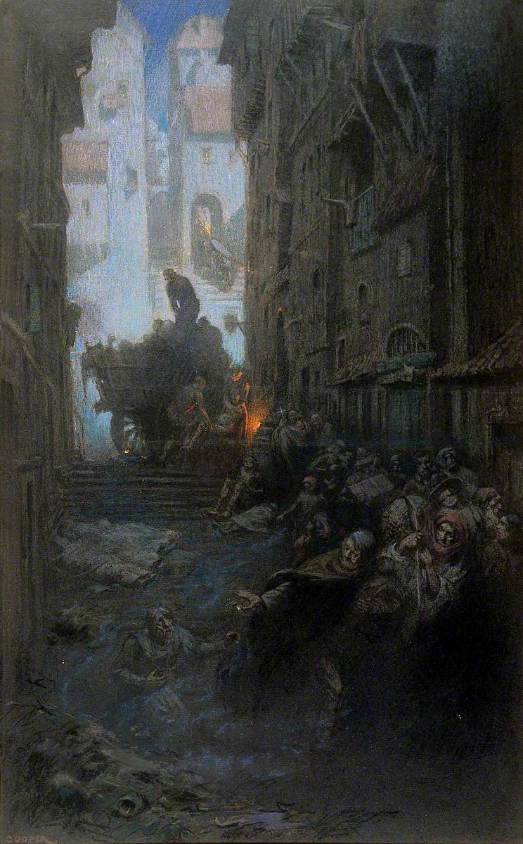 Crowded Dark Streets Full of Dead and Dying People, Bodies Are Being Loaded on to a Cart; Representing Cholera