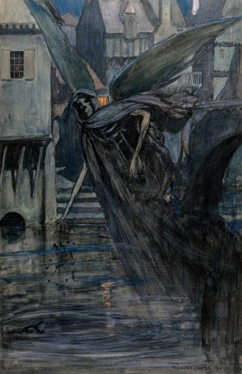 The Angel of Death, a Winged Skeletal Creature, Drops Some Deadly Substances into a River near a Town; Representing Typhoid