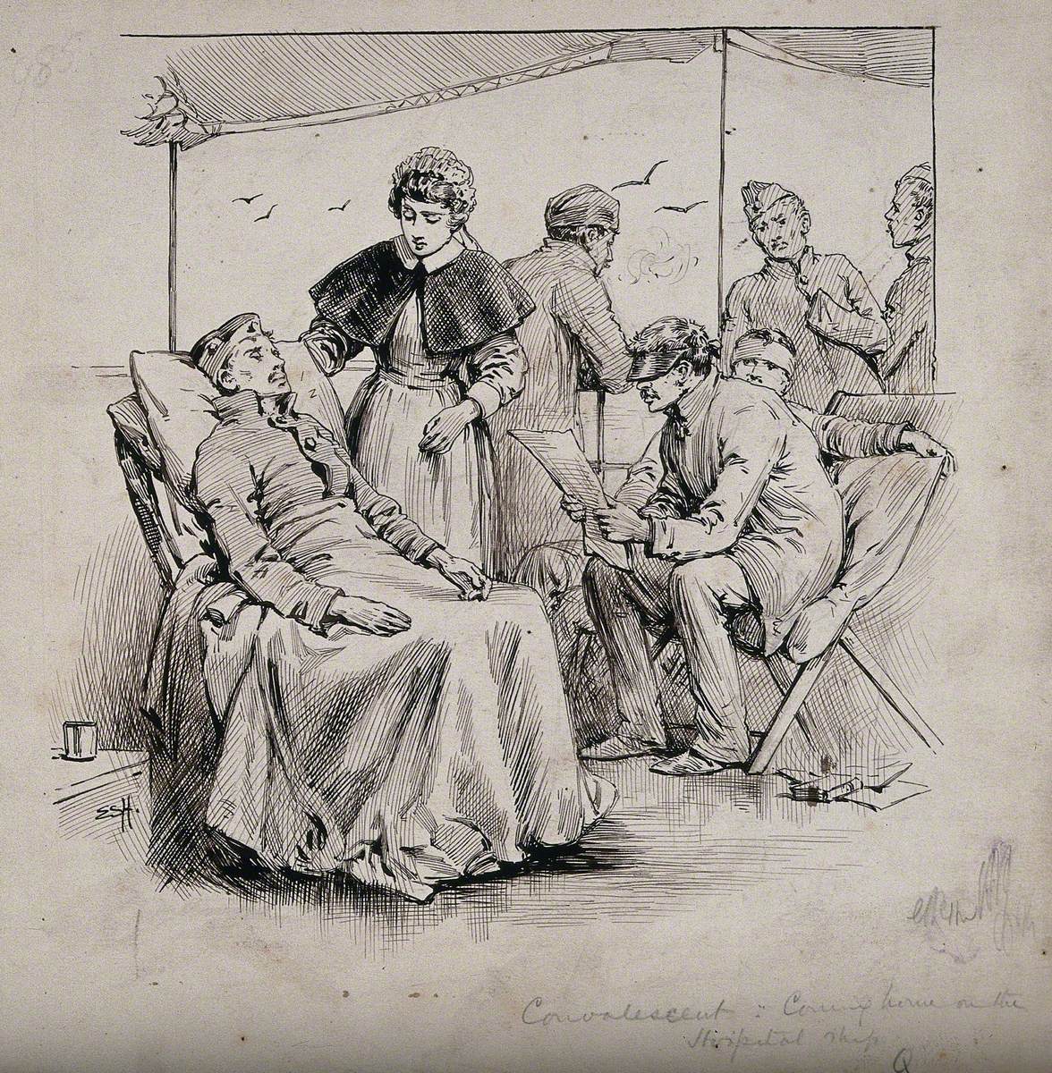 A Nurse with Convalescent Soldiers on the Deck of a Hospital Ship