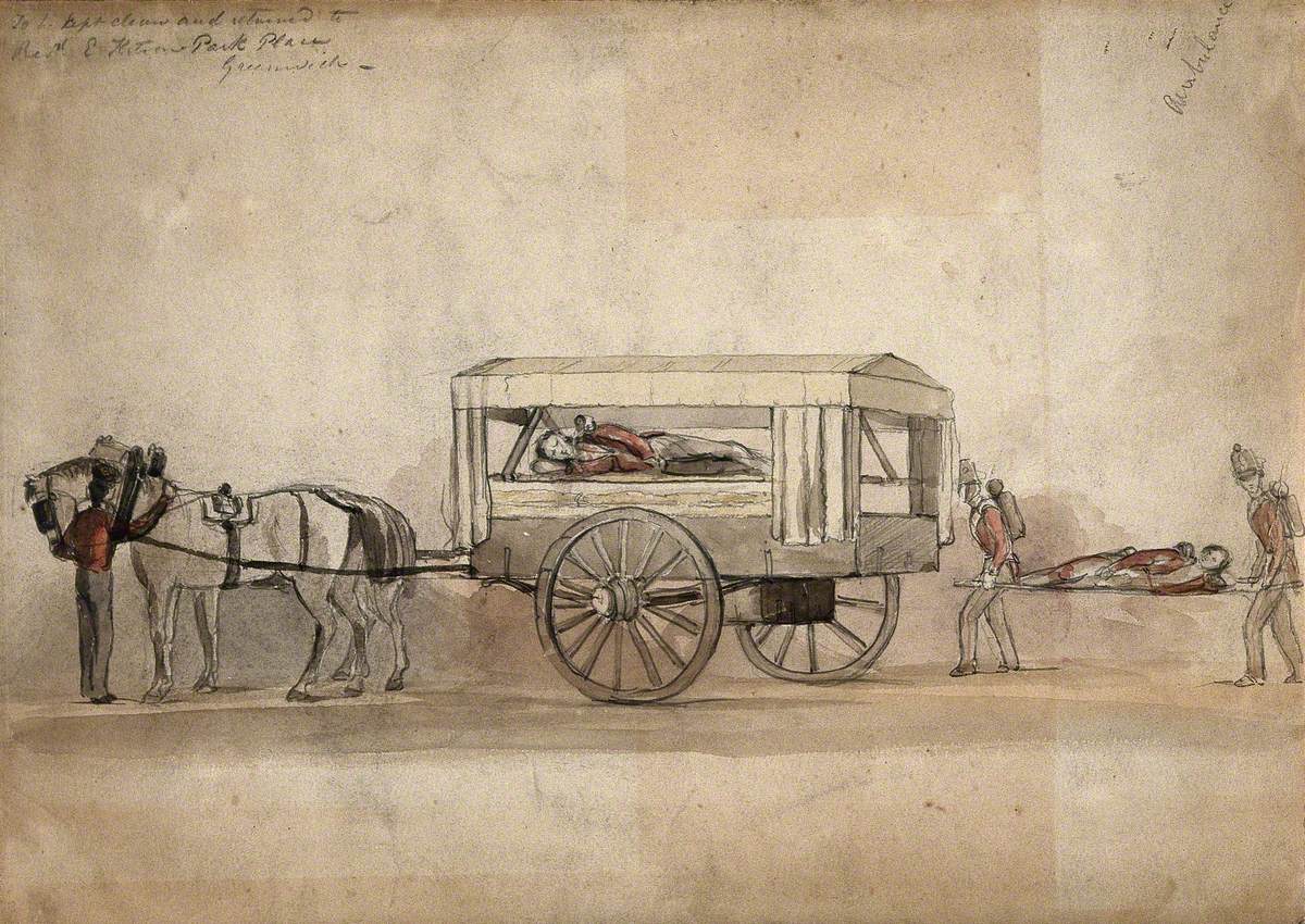 A Horse-Drawn Military Ambulance, c.1850, with One Patient Being Carried on a Stretcher