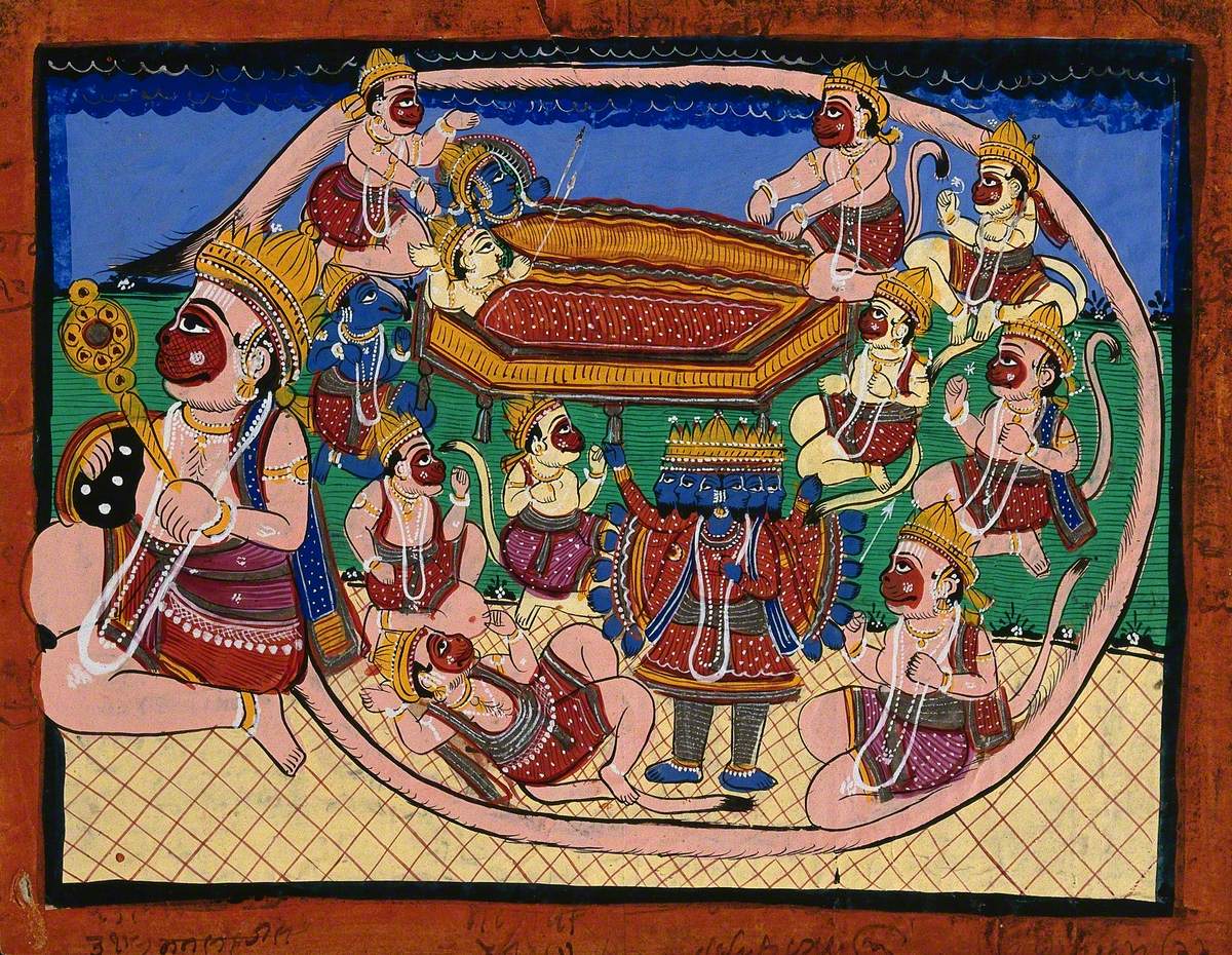 Hanuman Kneeling with Tail Encircling Rama and Sita in Bed, While Several Monkeys Circle around Ravana