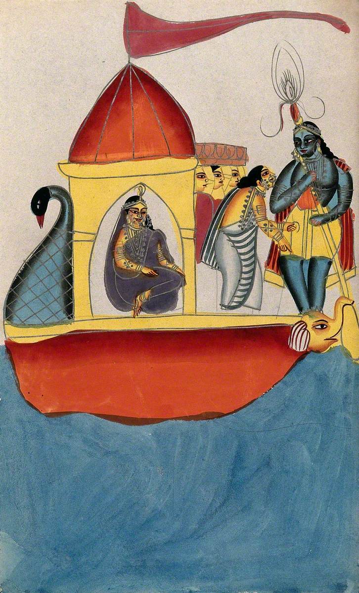 Krishna Steering a Peacock-Headed Boat Carrying Five Women