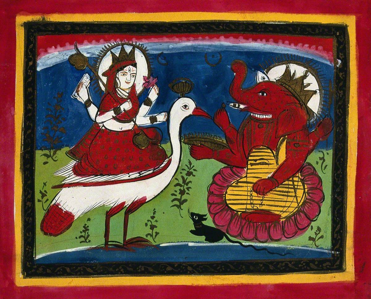 Page 124: Lakshmi on Her Mount Garuda, Coming Across an Enthroned Ganesha with His Rat