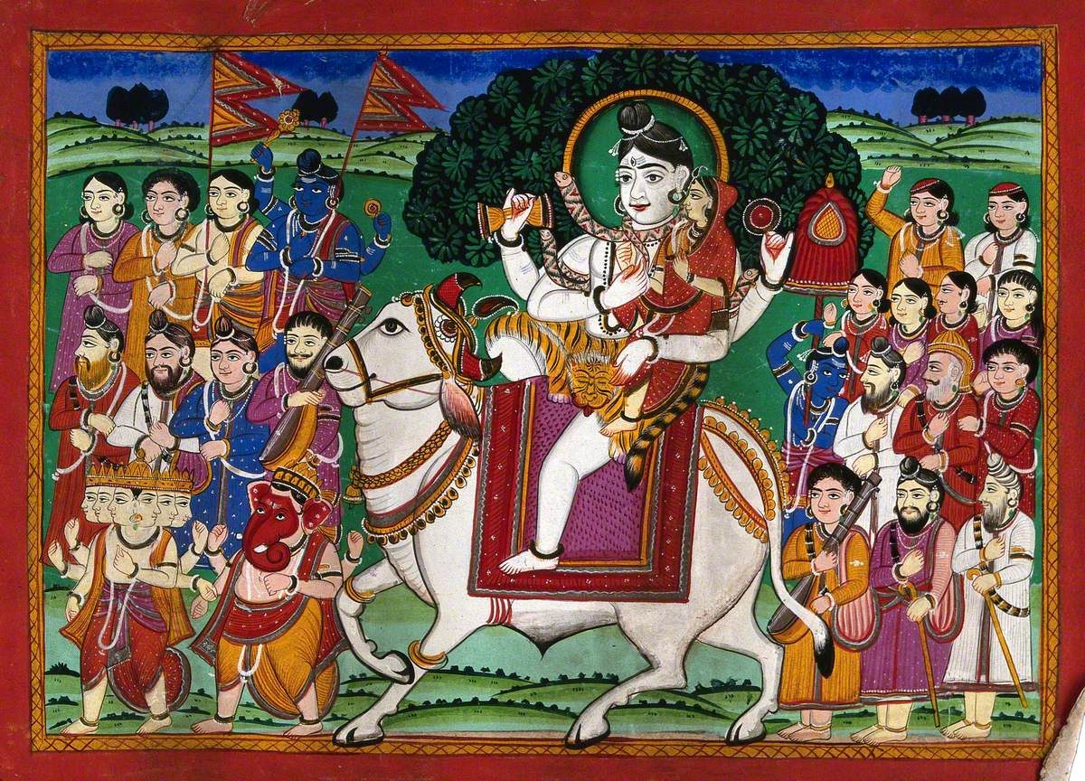 Shiva and Parvati Mounted on Nandi Bull in a Procession Led by Brahma and Hanuman and Attendants