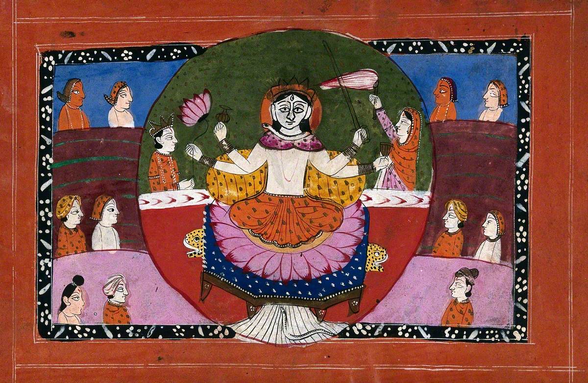 Durga on Her Lotus with Symbols Surrounded and Attended by Devotees