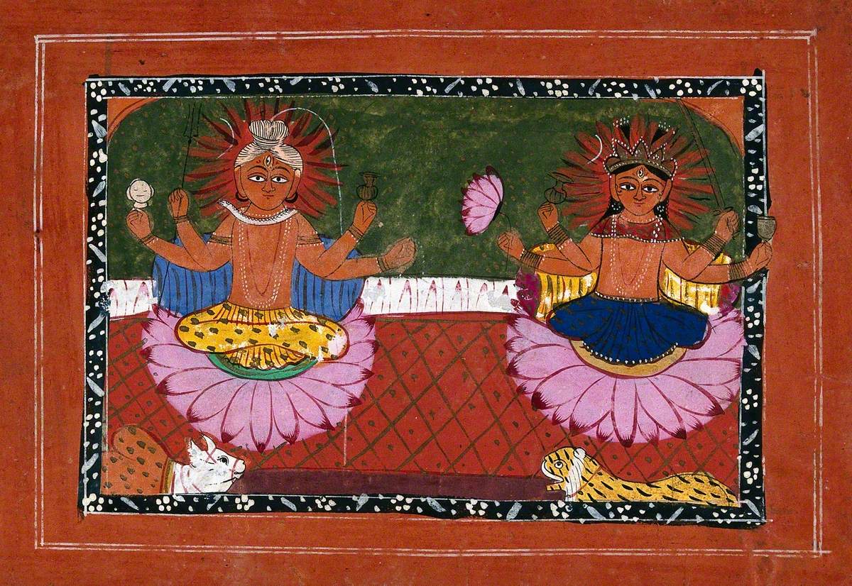 Shiva with the Ganges, and Nandi Bull with Durga and Lion, Seated on Lotuses