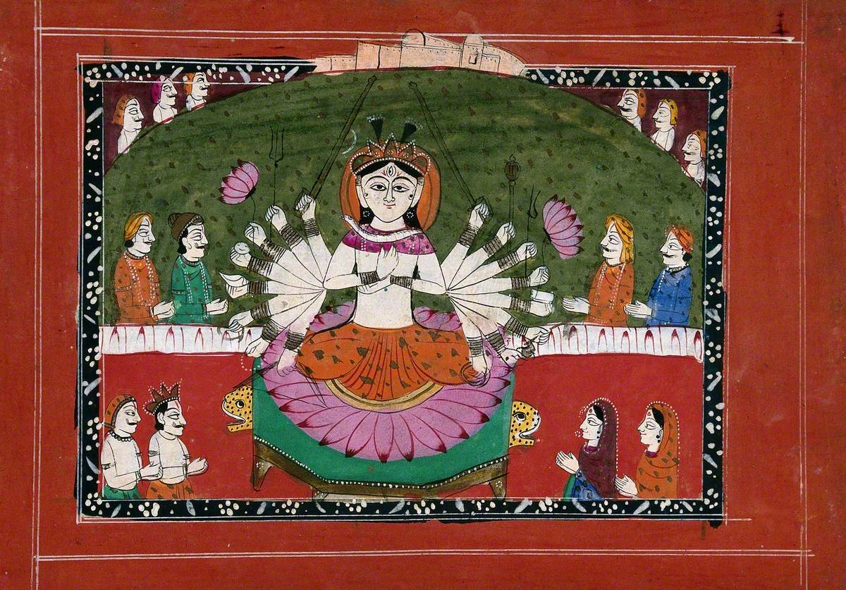 Durga on a Lotus with All Her Weapons Surrounded by Devotees