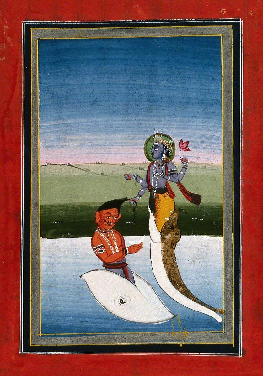 Vishnu in His Incarnation of Matsya Fighting with a Demon