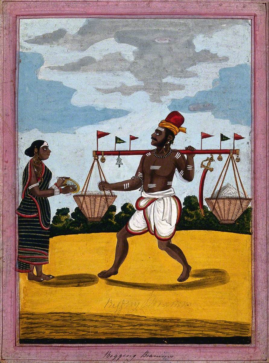 A Begging Brahman Carrying Some Rice, Accompanied by His Wife