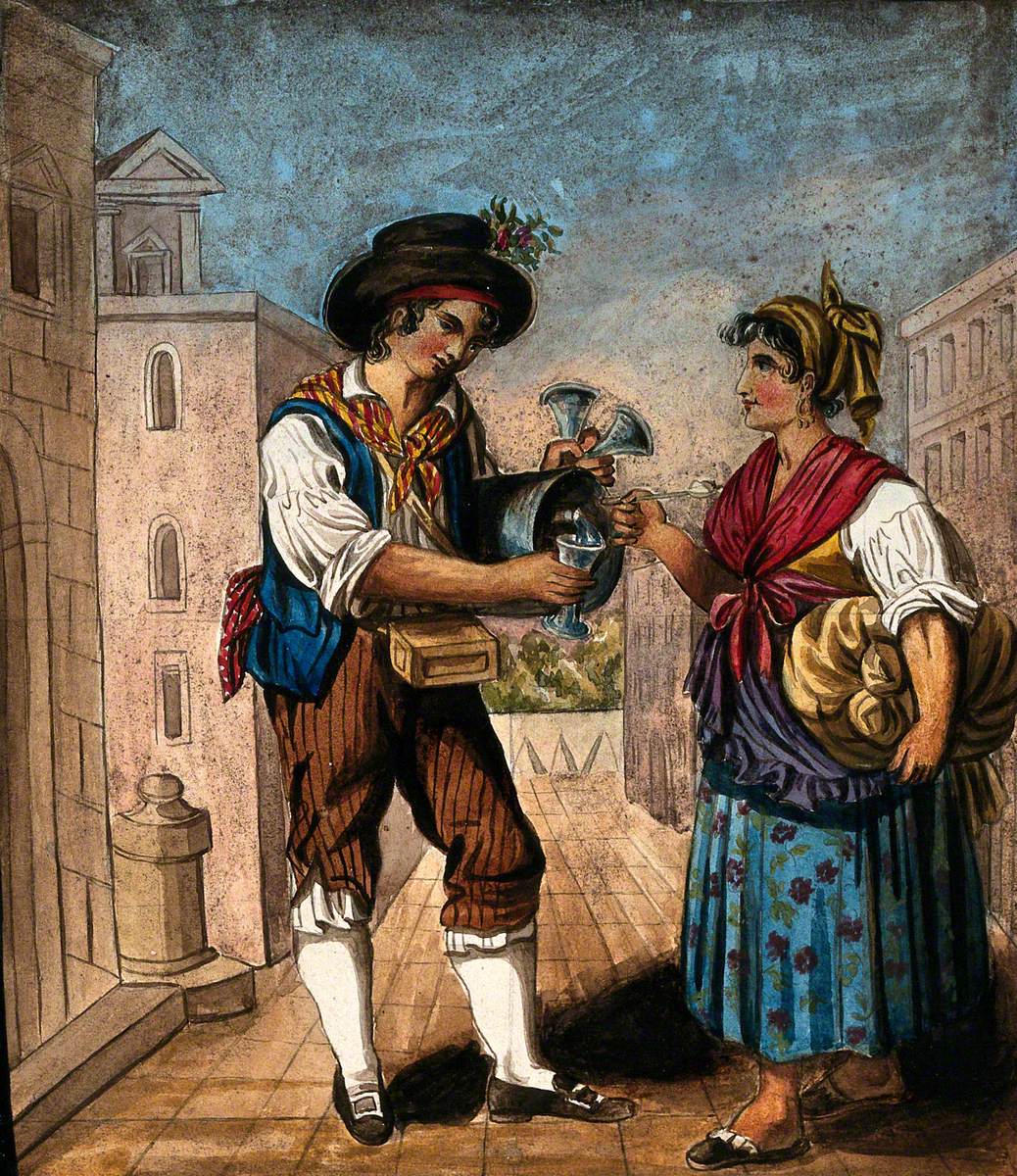 A Water Seller Offers a Glass of Water as Refreshment to a Woman Who Is Carrying a Large Bundle under Her Arm
