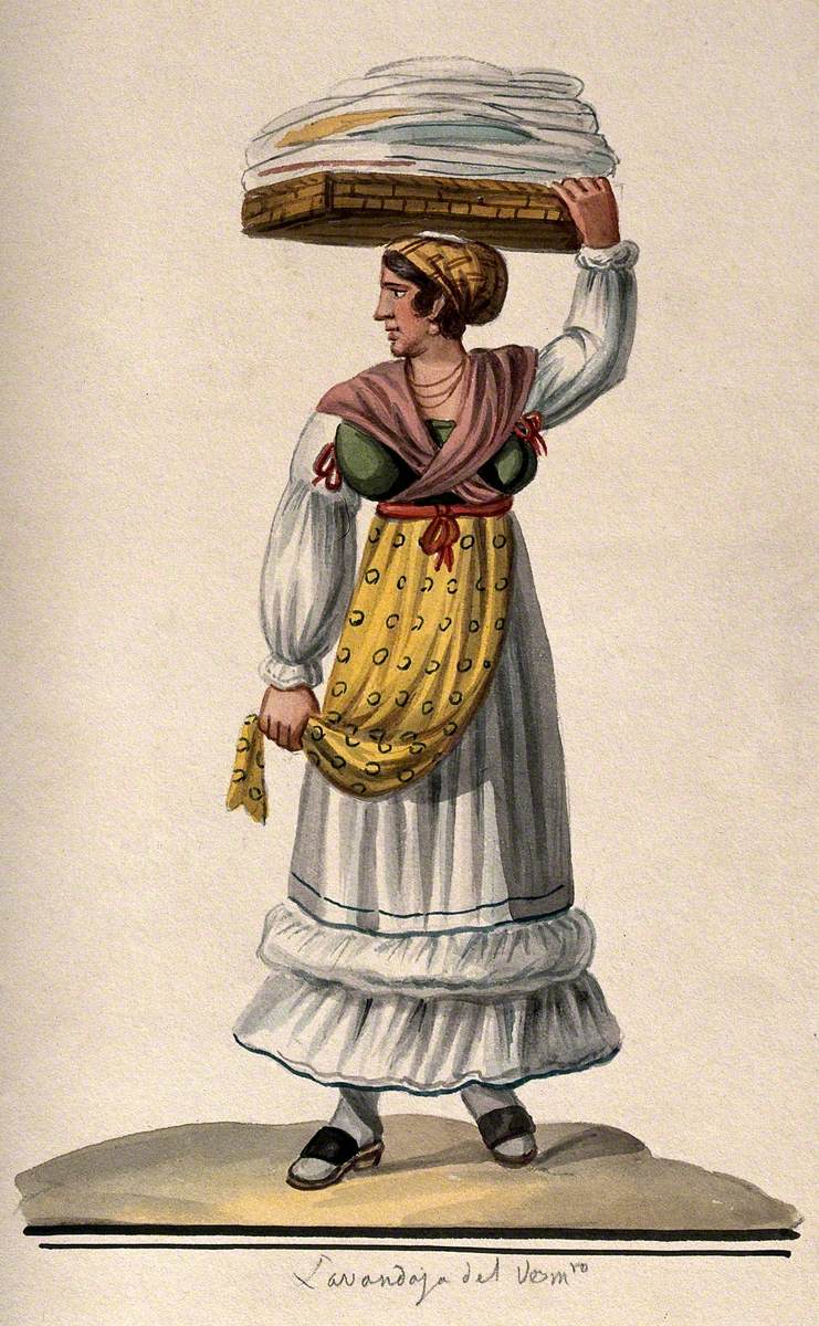 A Woman Is Holding a Large Flat Basket of Washing on Her Head