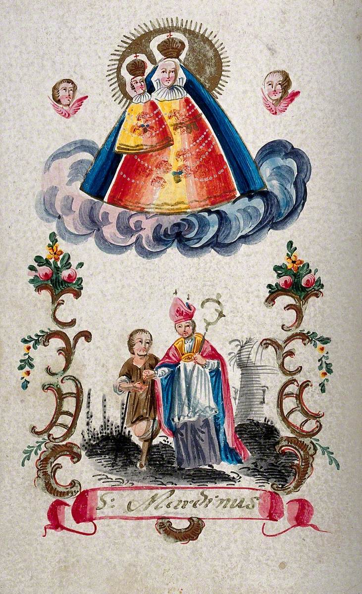 The Virgin of Mariazell above Saint Martin, Bishop of Tours, Who Helps a Man with a Wooden Leg.