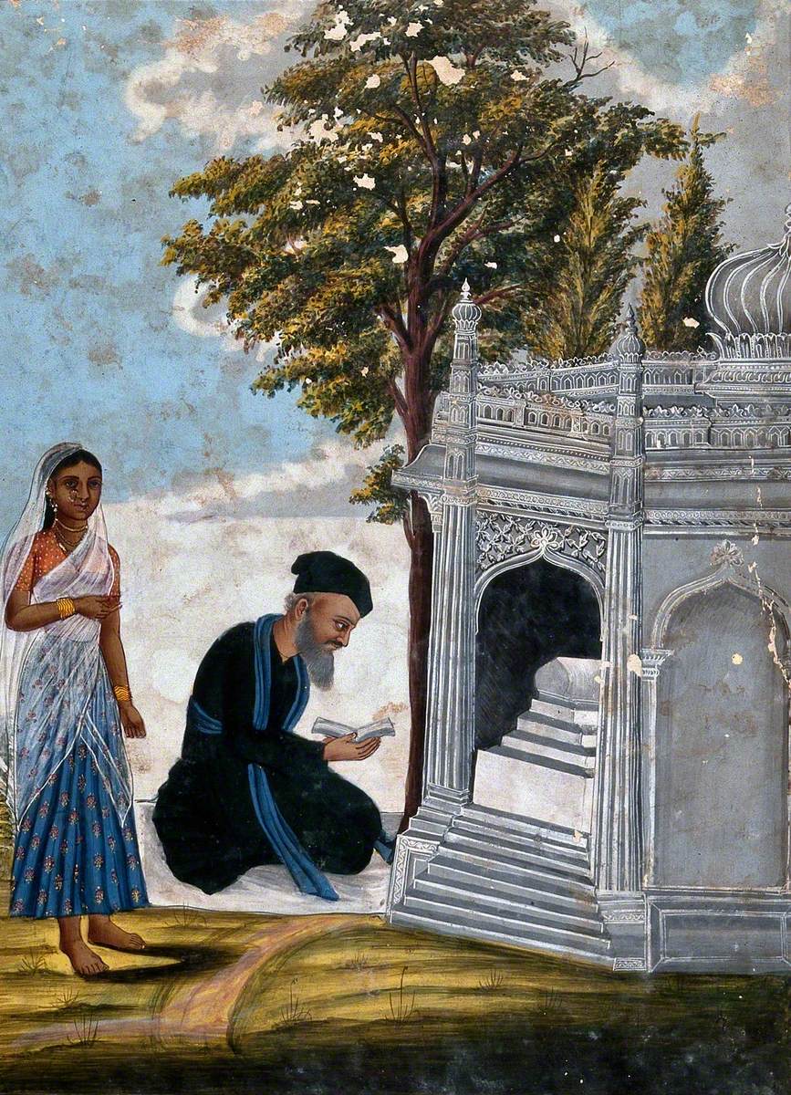 A Hindu Praying to a Shrine Accompanied by a Young Lady